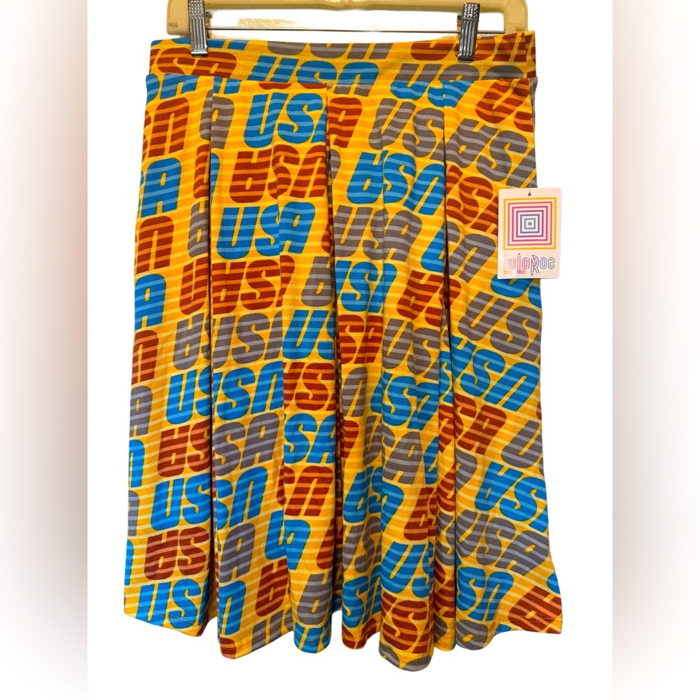 BNWT Lularoe Madison skirt Medium “USA” yellow, blue grey 50s A-line pleated
